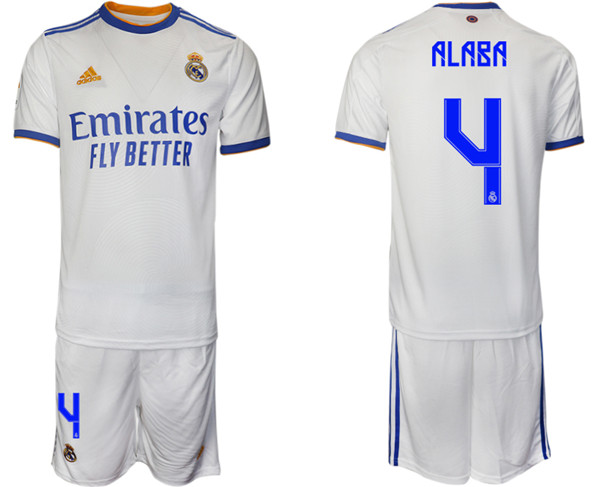 Men's Real Madrid #4 David Alaba 2021/22 White Home Soccer Jersey Suit